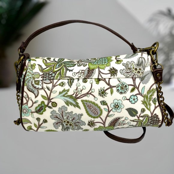 Gigi Hill Medium Green Brown White Floral 2 pocket Hand Shoulder Purse - Picture 3 of 12